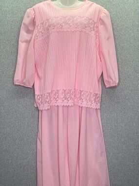 Vintage 80s CUE Fashions Pink Dress Pleated Pastel Lace Panels Midi Gown
